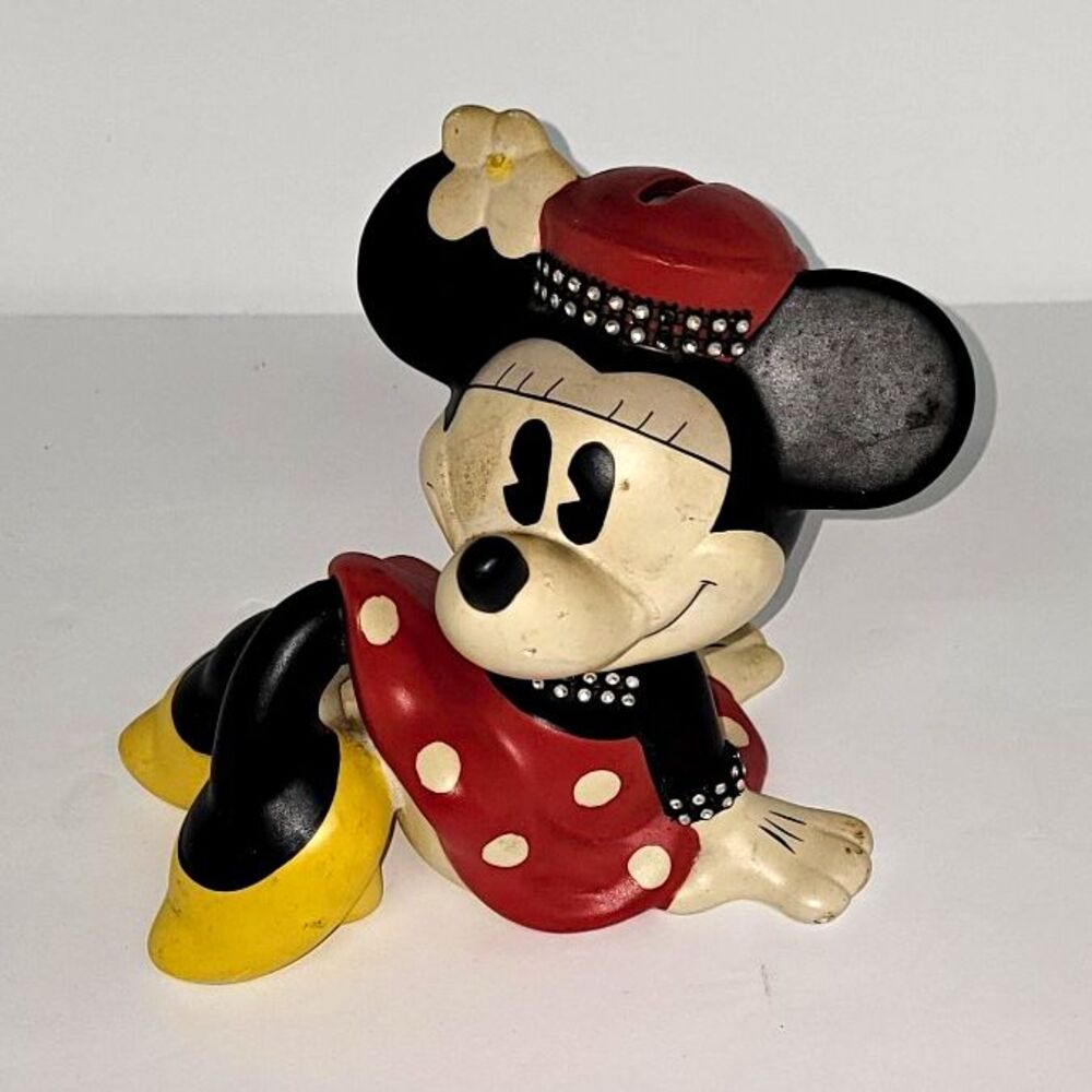 Vntg Disney Minnie Mouse Ceramic Coin Bank Enesco Reclining Lying Down Figurine
